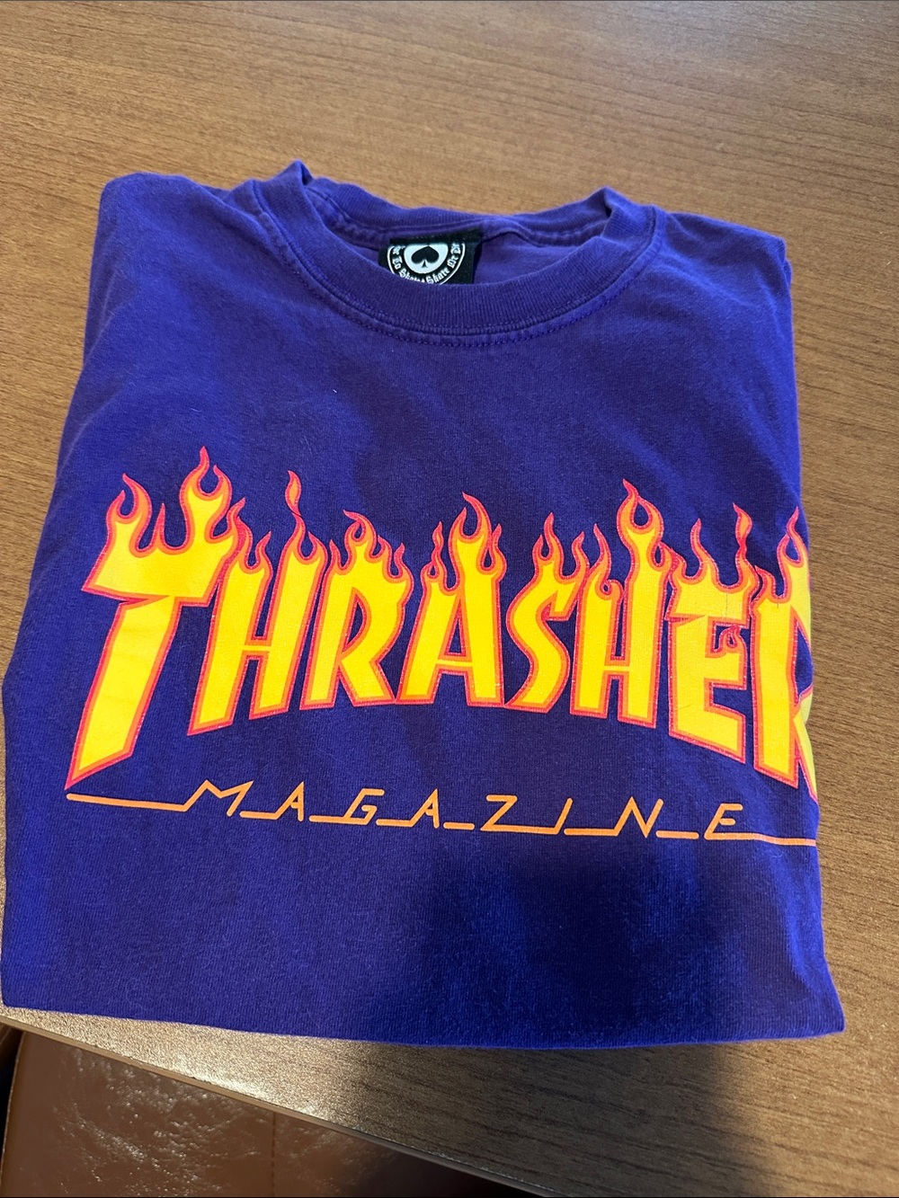 Thrasher Purple Tee with Yellow and Orange Flame Logo small
